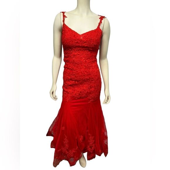Red Floral Lace Mermaid Dress Sleeveless Fit and Flare Gown Prom Wedding Dress - Picture 1 of 16